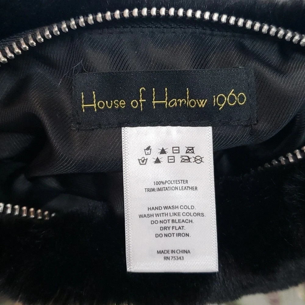 House of Harlow 1960 Black Faux Fur Wristlet with Shearling Trim Gloves, M/L